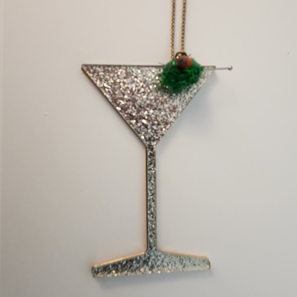 Betsey Johnson Silver Glitter Martini Glass Necklace with Green Garnish